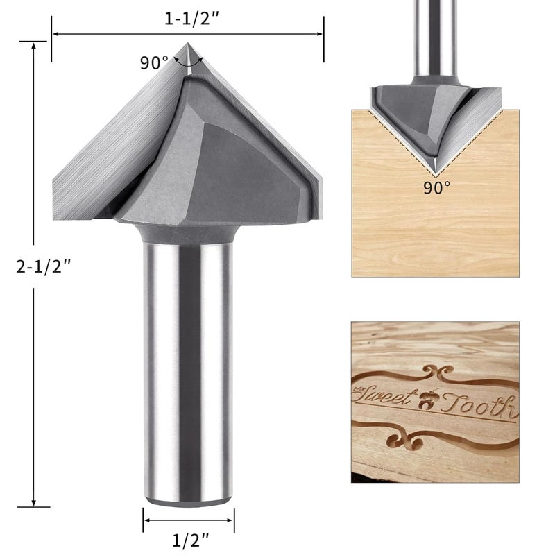 BINSTAK 90 Degree V Bit 1/2" Shank, 1-1/2" Cut Diameter Carbide Tipped V Groove Router Bit Wood CNC Router Bits for Grooving, Chamfering, Engraving - Image 2